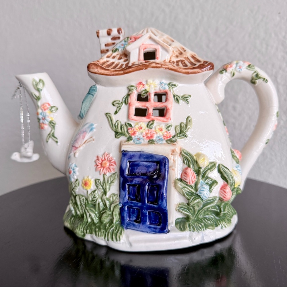 Vintage Cottage Teapot with Blue Door and Floral Accents